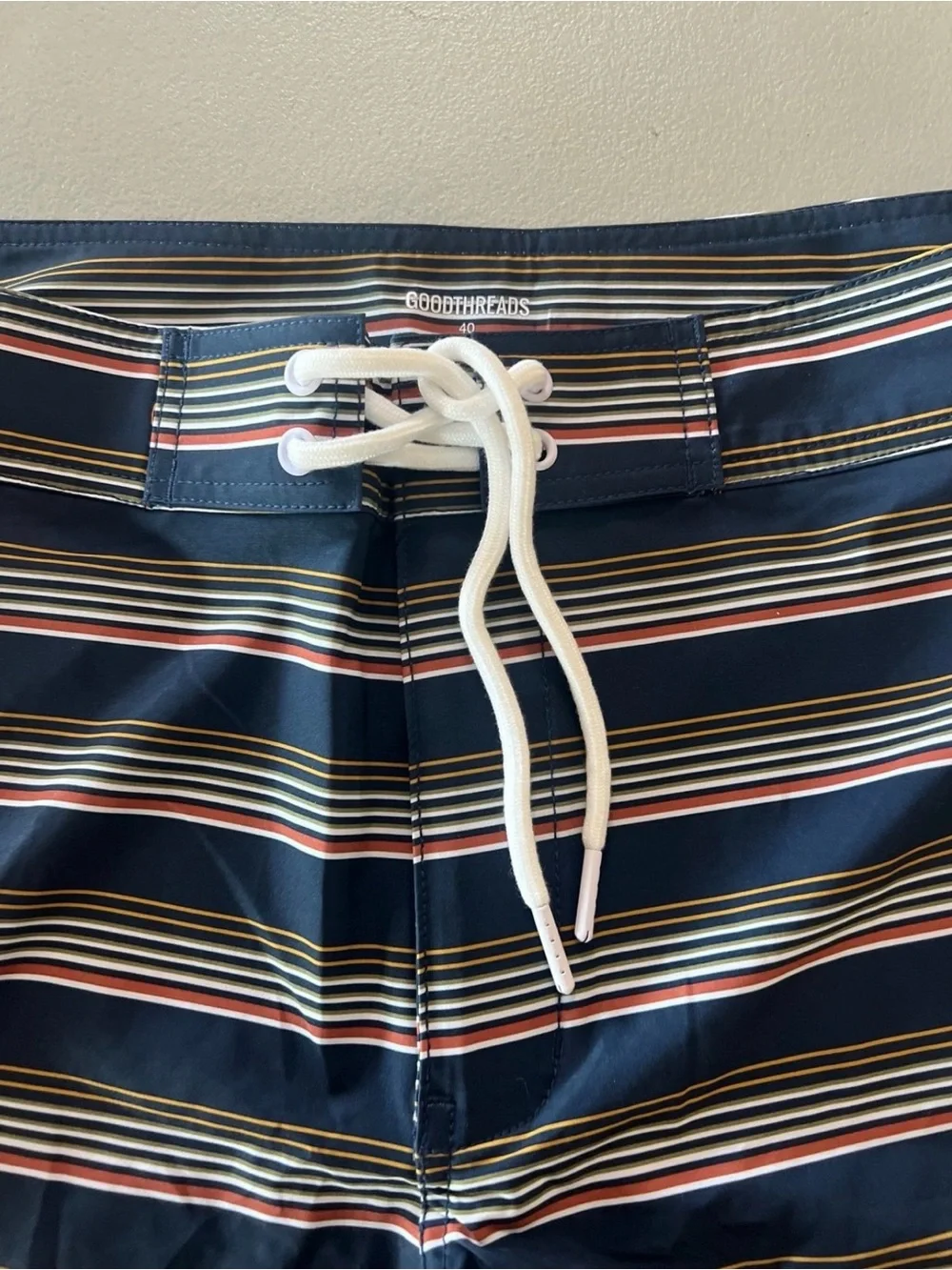 Men's Navy Striped Swim Trunks with Drawstring Size 40